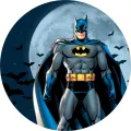 Batman s modrým měsícem a hejnem netopýrů na pozadí, kulatý jedlý obrázek na dort