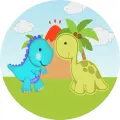 Tyrkysový tyranosaurus a světle zelený býložravec před sopkou a palmou, jedlý obrázek na dort