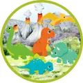 Akvarelová scéna s barevnými dinosaury pod dýmajícími sopkami a žlutým ptakoještěrem na obloze, jedlý obrázek na dort