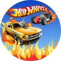 Kulatý jedlý obrázek Hot Wheels s oranžovým sportovním autem, tmavým hot rodem a plameny na modrém pozadí, jedlý obrázek na dort