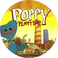 Modrá postava Huggy Wuggy s mašlí před žlutou továrnou s nápisem Poppy Playtime, jedlý obrázek na dort