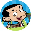 Kreslený Mr. Bean v zeleném autě s modrými paprsky v pozadí, jedlý obrázek na dort
