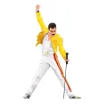 Grafický Freddie Mercury v žluté bundě a bílých kalhotách se zvednutou pěstí u mikrofonu, jedlý obrázek na dort