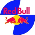 Kulatý jedlý obrázek Red Bull s dvěma rudými býky proti žlutému slunci na modrobílém pozadí, jedlý obrázek na dort
