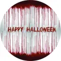 Kulatý jedlý obrázek s nápisem Happy Halloween, rudé krvavé kapky stékají po bílošedém pozadí, okraje tmavě červené – jedlý obrázek na dort