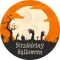 Jedlý obrázek na dort s hřbitovem, zombie rukama z hrobů a velkým měsícem na oranžovém nebi, halloweenský motiv