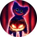 Modrý Huggy Wuggy držící svítící halloweenskou dýni na tmavě bordó pozadí, jedlý obrázek na dort