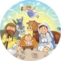 Kulatý jedlý obrázek na dort: vánoční betlém s Ježíškem, Marií, Josefem, oslíkem, ovcemi a andílkem s trubkou na sněžném pozadí