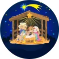 Kulatý jedlý obrázek s vánočním betlémem v chlévě, Marií a Josefem, ovečkami, oslíkem a kometou na modré noční obloze, na dort