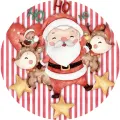 Akvarelový Santa Claus se soby, ptáčkem a zlatými hvězdami na červenobílých pruzích s nápisem HO HO HO, jedlý obrázek na dort