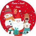 Kulatý jedlý obrázek na dort: Santa s bílým plnovousem, sněhulák, sob a tučňák na červeném pozadí se sněhem, jedlý obrázek na dort