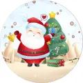 Kreslený Santa v červeném kabátku zvoní zlatým zvonkem u zdobeného stromečku ve sněhu, jedlý obrázek na dort