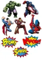 Šest superhrdinů Avengers v akčních pozicích s komiksovými bublinami BOOM, KAPOW a SMASH, jedlý obrázek na dort
