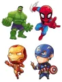 Chibi postavy Hulka, Spider-Mana, Iron Mana a Kapitána Ameriky v pestrých barvách, jedlý obrázek na dort.