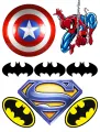 Jedlý obrázek na dort s Spider-Manem na pavučině, štítem, Supermanovým logem a Batmanovými znaky v černé a žluté barvě