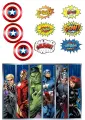Jedlý obrázek s hrdiny Avengers, Hulkem, Thorem a Captainem Americou, třemi štíty a komiksovými bublinami BANG a POW, jedlý obrázek na dort