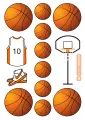 Jedlý obrázek na dort s basketbalovými míči, bílým dresem s číslem 10, teniskami a košem v oranžové a bílé barvě
