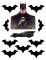 Batman před nočním Gothamem s Batmobilem a netopýřími siluetami, žlutý znak netopýra, jedlý obrázek na dort