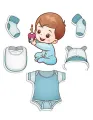 Jedlý obrázek k výřezu s chlapečkem v modrém overálku, dortíkem s jedničkou a bílými body, bryndáčkem a ponožkami, jedlý obrázek na dort