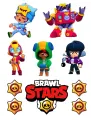 Jedlý obrázek na dort s postavami Brawl Stars – Sandy, Surge, Max a Leon, zlaté hvězdné odznaky a logo hry na bílém podkladu