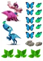 Růžový a modrý dinosaurus mezi modrými motýlky, zelenými lístky a kameny, jedlý obrázek na dort