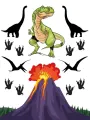 Zelený tyranosaurus u kouřící sopky s lávou, okolo létající plazi a stopy tlap na bílém pozadí, jedlý obrázek na dort