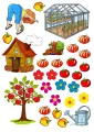 Farma s chaloupkou, skleníkem, jabloní s červenými jablky a zeleninou, zahradnice a konvička, jedlý obrázek na dort
