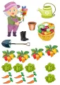 Zahradnice v klobouku s kyticí, konvičkou a košíkem zeleniny, dole papriky, zelí a mrkev, jedlý obrázek na dort