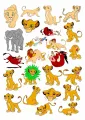 Jedlý obrázek na dort s figurkami Lví hlídky: lvi, prasátko Pumba, surikata Timon a pták Zazu na bílém pozadí, k výřezu.