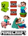 Hranatý jedlý obrázek Minecraft se zeleným Creeperem, červeným TNT a kostičkovými hrdiny na prasátku a diamantech, jedlý obrázek na dort.