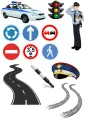 Jedlý obrázek na dort: strážník v modré uniformě, bílé hlídkové auto s majákem, semafor a dopravní značky na silnici