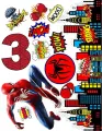 Spiderman skáče v modročerveném obleku nad městem, uprostřed číslo v pavučině, okolo komiksové nápisy BOOM a POW – jedlý obrázek na dort