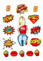 Komiksová Supergirl v červené bundě s bublinami POW a ZAP, jedlý obrázek na dort