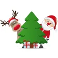 Santa Klaus a sobík s červeným nosem vykukují zpoza zeleného vánočního stromečku, pod nímž leží dárky, jedlý obrázek na dort