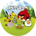 Kulatý jedlý obrázek na dort: postavy Angry Birds, červený Red, žlutý Chuck a zelené prasátko na zelené louce pod modrou oblohou