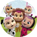 Kulatý jedlý obrázek s pěti panenkami Cry Babies v kostýmech lvíčka, dalmatinky, berušky, jednorožce a králíčka na modro-zeleném pozadí, jed