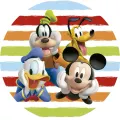 Kulatý jedlý obrázek s Mickeym, Donaldem, Goofym a Plutem na pruhovaném pozadí v červené, žluté, zelené a modré barvě, obrázek na dort