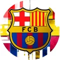 Kulatý jedlý obrázek se znakem FC Barcelona se zlatým okrajem, červeno-modrým pozadím a fotbalovým míčem, vhodný na dort