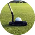 Kulatý jedlý obrázek na dort: zelený trávník, bílý golfový míček a černý putter, v pozadí jamka s vlajkou, jedlý obrázek na dort