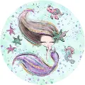Kulatý jedlý obrázek na dort: mořská panna s fialovým ocasem, růžová želva a mořský koník na mátovém pozadí