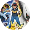 Kulatý jedlý obrázek na dort s trenérem Ashem, Pikachu a legendárními Pokémony Arceus, Dialga, Palkia a Giratina v modré a žluté barvě