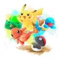 Kulatý akvarelový obrázek s žlutým Pikachuem, zeleným Bulbasaurem, oranžovým Charmanderem, modrým Squirtlem a pokeballem, jedlý obrázek na d
