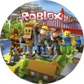 Kulatý jedlý obrázek Roblox s pěti postavičkami, barevným městečkem a červeným mostem na pozadí, jedlý obrázek na dort