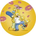 Kulatý jedlý obrázek na dort: rodina Simpsonových na žlutém pozadí, Homer s krabicí koblih a lítající donuty s růžovou polevou.