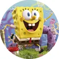 Kulatý jedlý obrázek se SpongeBobem v 3D stylu mezi růžovými medúzami, bublinami a korálem pod modrou hladinou, jedlý obrázek na dort