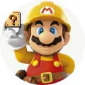 Mario ve stavitelské žluté přilbě a montérkách drží herní kostku s otazníkem na bílém pozadí, jedlý obrázek na dort