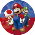 Mario, Luigi a Toad na modro-červeném pozadí, kulatý jedlý obrázek na dort s herními postavami