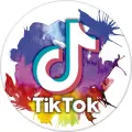 Kulatý jedlý obrázek na dort s 3D hudební notou TikTok na barevném akvarelovém pozadí v modré, fialové, červené a žluté barvě