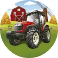 Červený traktor na zelené louce s kupkami sena, červenou stodolou a větrným mlýnem pod modrou oblohou, jedlý obrázek na dort