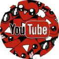 Kulatý jedlý obrázek s nápisem YouTube, červenými srdíčky a komiksovými postavičkami v slunečních brýlích, jedlý obrázek na dort
